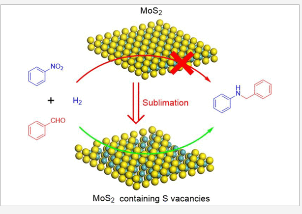 Sublimation-induced sulfur vacancies in MoS2 catalyst for one-pot synthesis of secondary amines.
